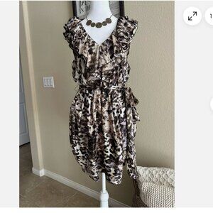 H&M Women’s Brown Purple Patterned Dress with Ruffle V-Neck, Belted Size 2 Small